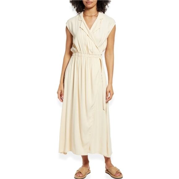 Halogen Midi Wrap Dress Notch Lapel Sleeveless Elastic Waistband Cream W 1X NWT - Picture 1 of 10